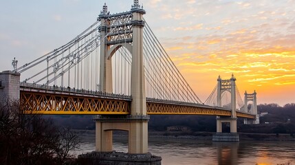 Obraz premium Bridge at Sunset Over Water: Architectural Landmark and Travel Destination