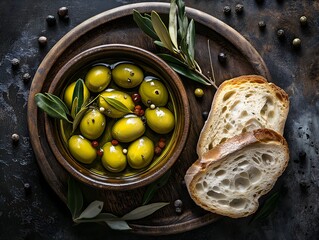 Rustic Mediterranean Snack: Healthy Green and Black Olives Appetizer with Homemade Bread and Olive Oil