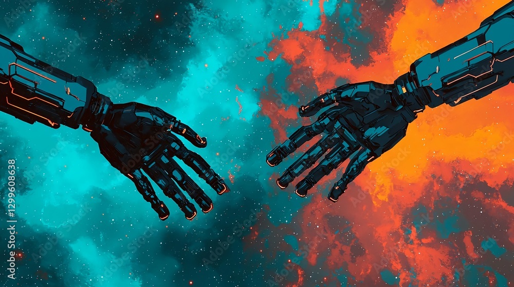 Poster digital robot hands in space, technology, artificial intelligence