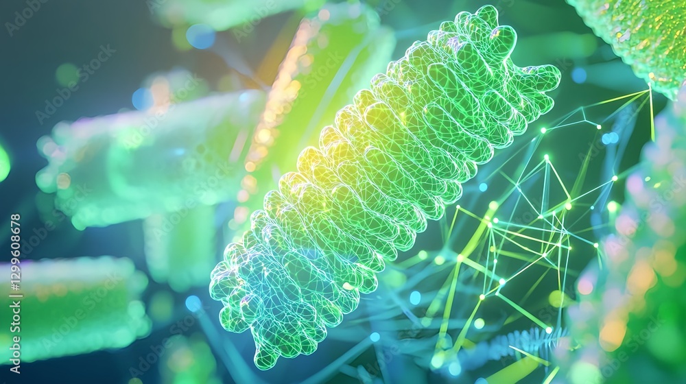 Poster digital technology: abstract 3d render of futuristic network connecting cells for science and medici