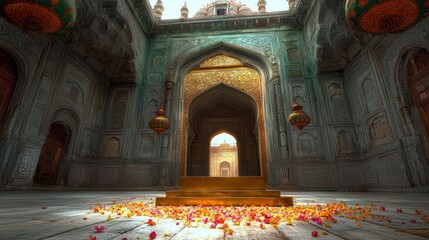Golden Podium in Ornate Indian Palace Courtyard with Lotus Petals and Lanterns