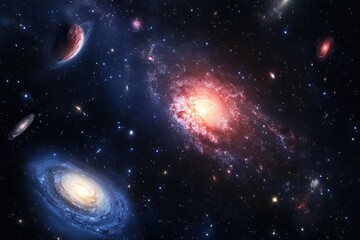 Fototapeta premium Cosmic panorama galaxies, planets, nebulae, and stars in deep space.