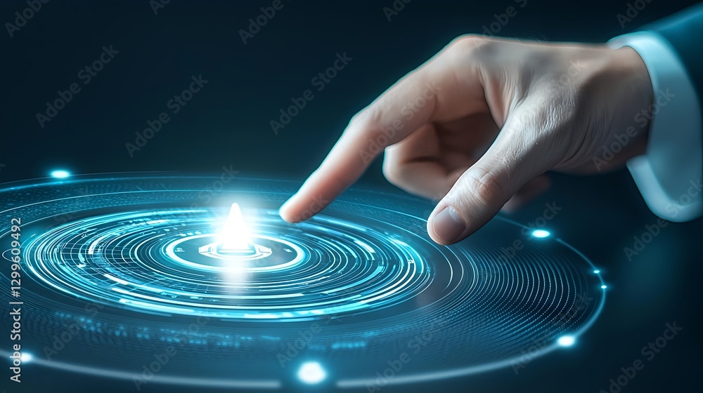 Poster finger pressing futuristic interface button for technology activation and innovation