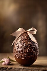 Decorated chocolate easter egg with ribbon on wooden table