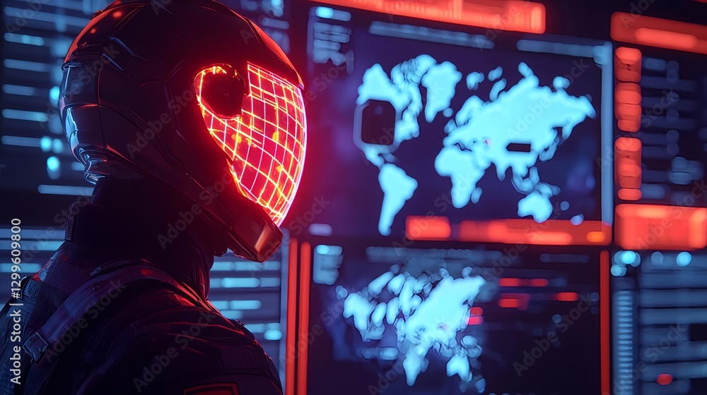 Poster futuristic cyber security expert analyzing global data threat, digital technology and artificial int