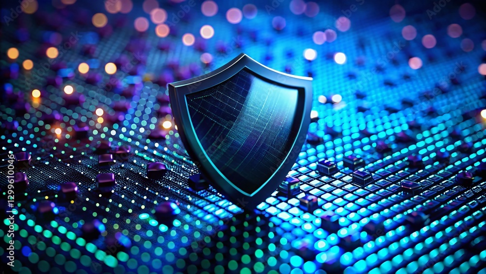 Poster miniature black shield on binary code background: tilt-shift stock photo