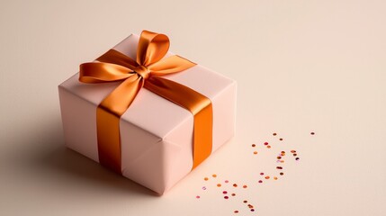 Obraz premium Festive Pink Gift Box with Orange Bow Confetti