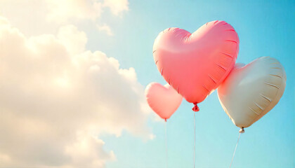 Fototapeta premium Pastel-toned heart balloons against the bright blue sky