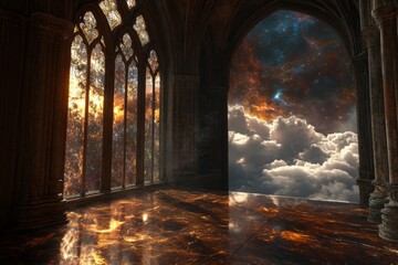 Serene Cathedral Surrealism with Galaxies and Clouds in Background