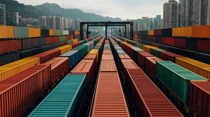 Fototapeta premium Intermodal Shipping Containers at Port Terminal, Global Trade, Supply Chain