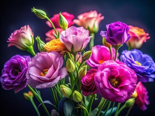 Miniature Eustoma Flowers on Black Background - Tilt-Shift Photography