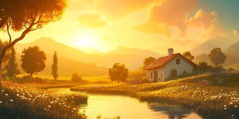 Fototapeta premium Golden Hour Over a Peaceful Countryside for Serene Landscape Beauty