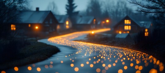 A small glowing neural network with delicate light trails weaving through the a modern rural neighborhood. The network pulses with energy, symbolizing AI-driven innovation