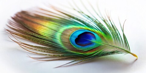 Fototapeta premium Miniature Peacock Feather, Isolated White Background, Tilt-Shift, Macro Photography