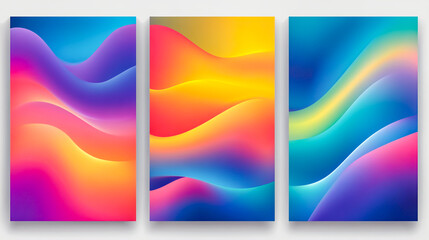 Modern gradient poster background vector set featuring vibrant, minimalist design with geometric prism shapes in dynamic motion.
