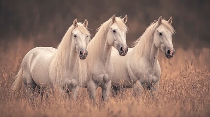 Obraz premium Majestic White Horses in Golden Meadow Nature Wildlife Equine Photography