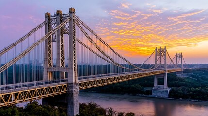 Fototapeta premium Suspension Bridge at Sunset Over River: Cityscape and Architecture