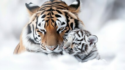 Obraz premium Siberian Tiger Mother White Cub in Winter Snow