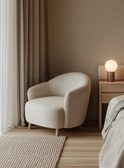 Cozy bedroom armchair near window and bed.