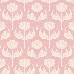 Pastel Pink Dots and Daisies Seamless Vector Repeat Pattern