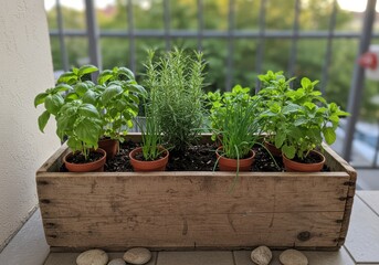 Balcony Herb Garden in Rustic Wooden Crate