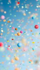 Colorful Confetti And Spheres Falling Against A Blue Background