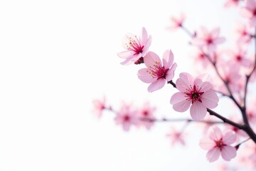Single cherry blossom tree branches on white background, isolated, sour cherry tree, nature