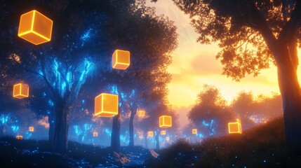 Fototapeta premium Exploring a dreamlike forest of glowing blue trees and floating cubes enchanting landscape surreal environment fantasy concept