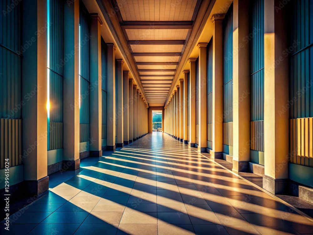 Poster minimalist architecture: long empty corridor with light and shadow play