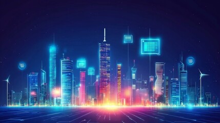 Aerial view of a futuristic skyline urban evolution with renewable energy at night