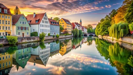 Minimalist Augsburg Wertach River Scene: Calm Water, City Reflection