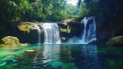 Fototapeta premium Serene tropical waterfall cascading into a crystal-clear pool surrounded by lush greenery