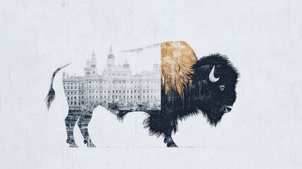 Naklejka premium Majestic Bison Double Exposure Cityscape Wildlife Art Print