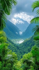 Tropical Valley Vista Lush Jungle, Foggy Mountains