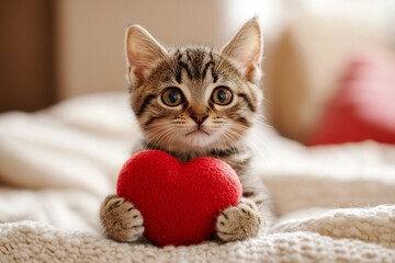 Manx - my treasured cat, symbol of care. Cute manx kitten cub with domestic animal toy red heart at cozy residence. Digital ads pet animal conceptual art. Cute cat couple. Cat with heart.