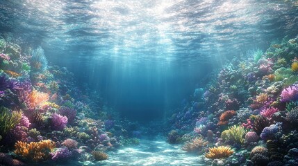 Fototapeta premium Underwater coral reef scene, sunlight, ocean