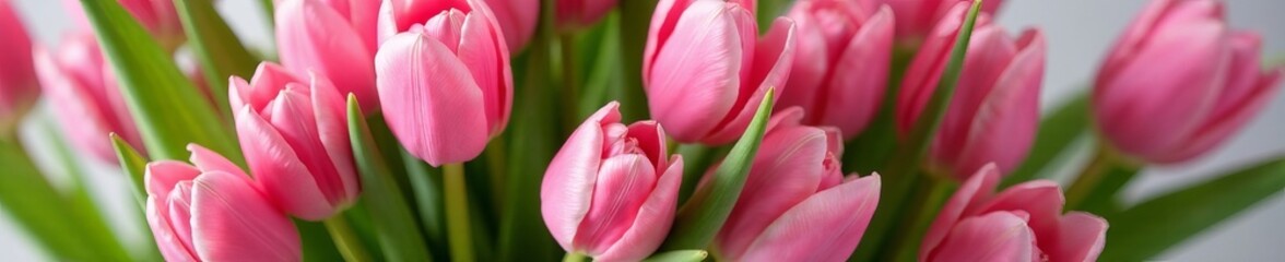 Naklejka premium Close-up of pink tulips arranged in a bouquet with green foliage and ribbon, green, pink, tulips
