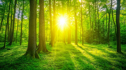 Fototapeta premium Radiant sunlight filtering through the lush green forest, creating a peaceful and serene atmosphere