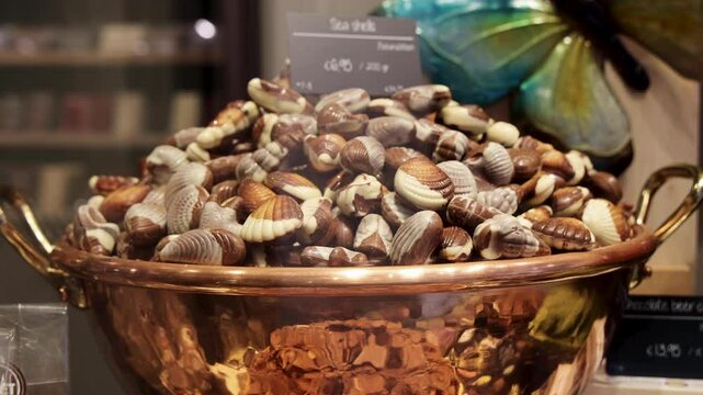 Belgian Chocolate Sea Shells in a Golden Bowl on Display