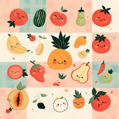 Colorful Collection of Smiling Fruits and Vegetables in Illustrated Design