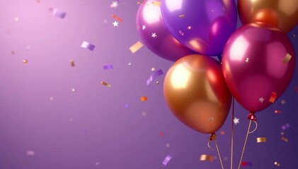 Close-up of purple and gold balloons with confetti falling, decoration, birthday