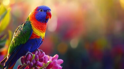 Vibrant rainbow lorikeet perched on blossoms in sunlit garden.