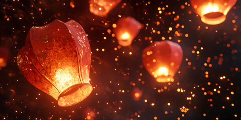 Obraz premium Golden Sparkles Surrounding a Glowing Red Paper Lantern