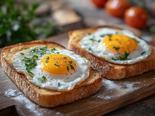 Rustic Breakfast: Homemade Fried Eggs with Crispy Toast on Wooden Board - Farm Fresh Organic Comfort Food