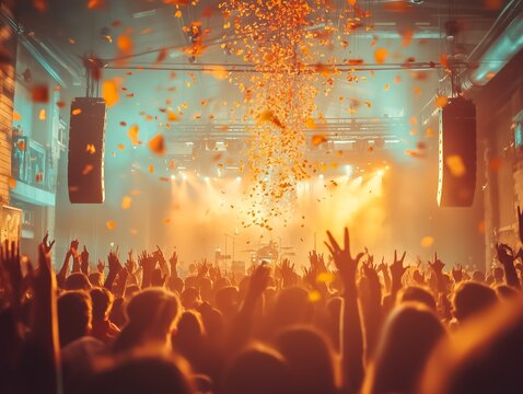 In bright colored lights, active fans move in unison, raise their hands,in the euphoria of live music, their favorite performer.
