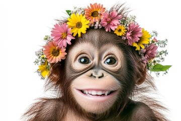 Isolated pure white background, copy space, ad creative. Cute baby animal orangutan wearing feral flower circlet on its head - symbol of sunny vacation time. Animal with floral decorations.