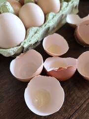 broken egg shell. eggshells against the background of eggs in a cardboard tray