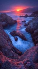 Sunset ocean cove, rocky cliffs,  waves, mountains