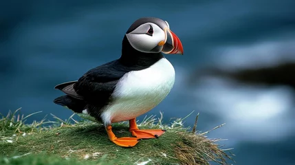 Crédence en verre imprimé Atlantic puffin standing on coastal cliff edge with ocean background.