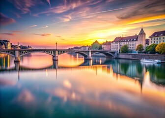 Fototapeta premium Minimalist Rhine River Basel Switzerland Mittlere Brücke Sunrise